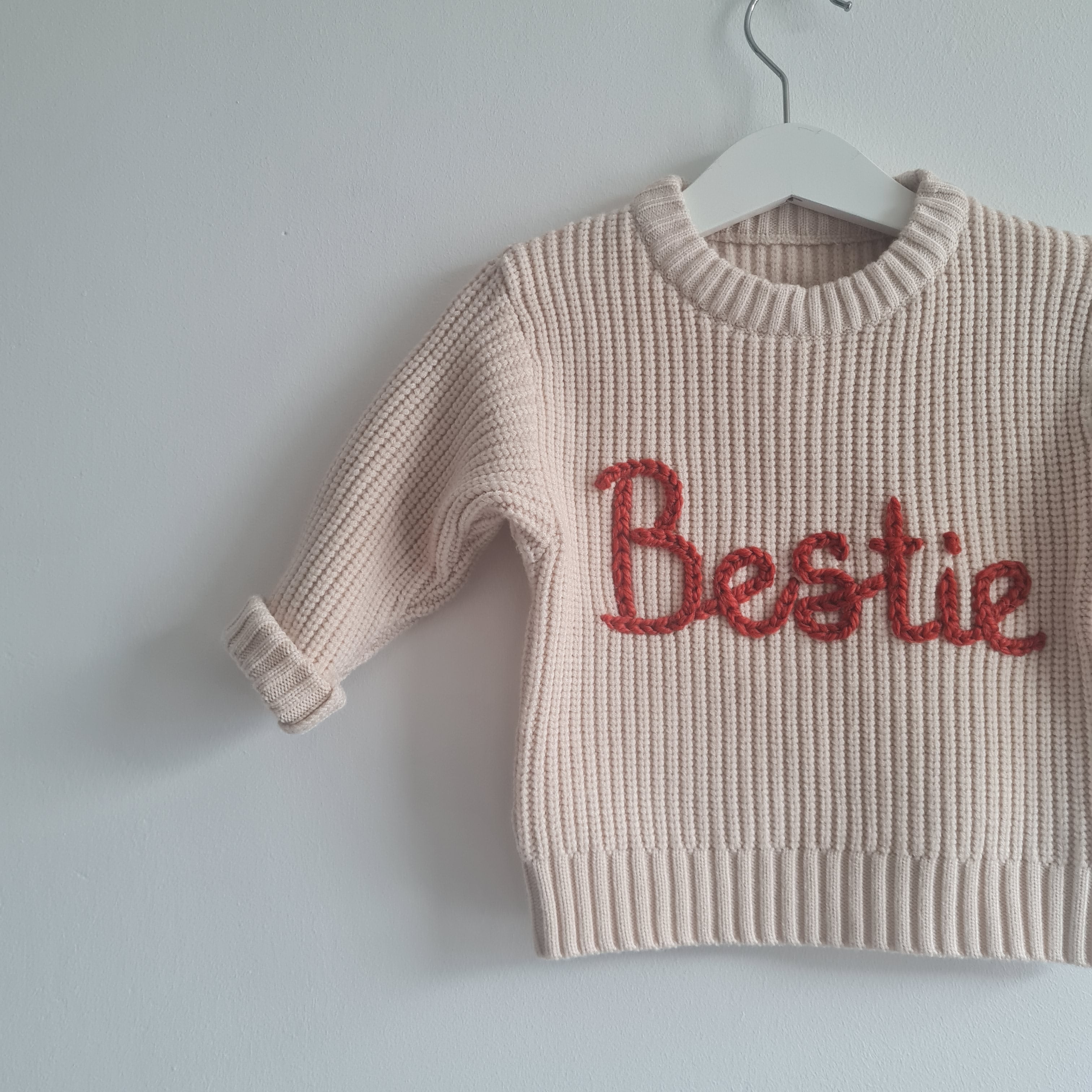 Hand embroidered jumper with 'Bestie' personalisation